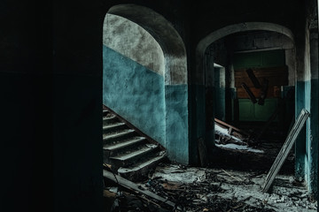 Dark and creepy corridor of old abandoned hospital