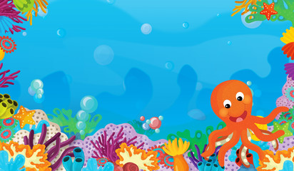 Obraz na płótnie Canvas cartoon scene with coral reef with happy and cute fish swimming with frame space text octopus - illustration for children