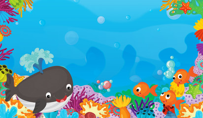 cartoon scene with coral reef with happy and cute fish swimming with frame space text whale - illustration for children