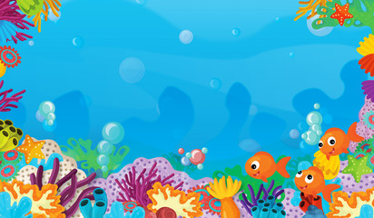 cartoon scene with coral reef with happy and cute fish swimming with frame space text - illustration for children