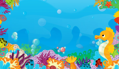 Obraz na płótnie Canvas cartoon scene with coral reef with happy and cute fish swimming with frame space text sea horse - illustration for children