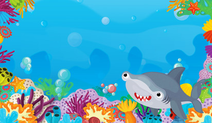 Fototapeta na wymiar cartoon scene with coral reef with happy and cute fish swimming with frame space text shark - illustration for children