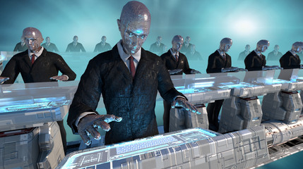 3d rendering humanoid robots working 
