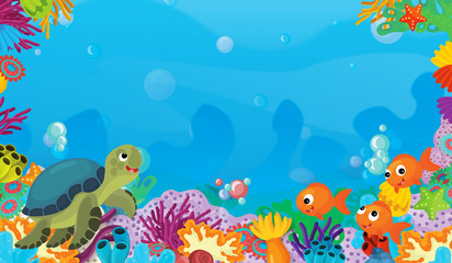 Fototapeta na wymiar cartoon scene with coral reef with happy and cute fish swimming with frame space text turtle - illustration for children