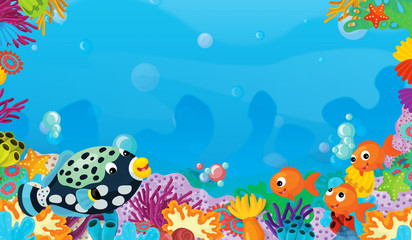 Naklejka na ściany i meble cartoon scene with coral reef with happy and cute fish swimming with frame space text - illustration for children