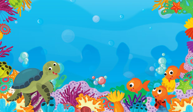 cartoon scene with coral reef with happy and cute fish swimming with frame space text turtle - illustration for children