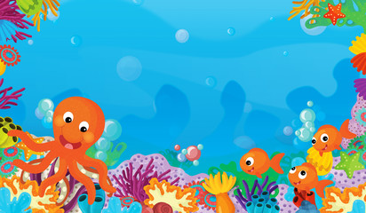 Naklejka na ściany i meble cartoon scene with coral reef with happy and cute fish swimming with frame space text octopus - illustration for children