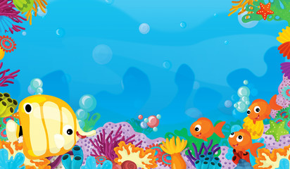 Fototapeta na wymiar cartoon scene with coral reef with happy and cute fish swimming with frame space text - illustration for children