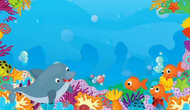 cartoon scene with coral reef with happy and cute fish swimming with frame space text dolphin - illustration for children