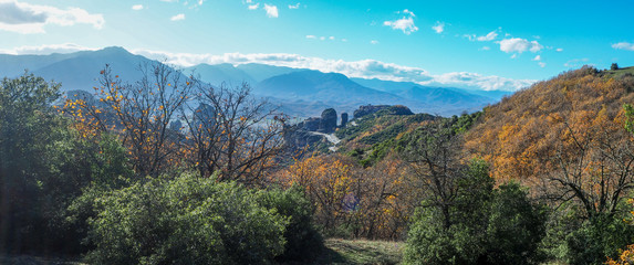 Meteora mountains in autumn with monastries