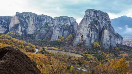 Meteora mountains in autumn with monastries