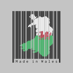 Barcode set the shape to Wales map outline and the color of Wales flag on black barcode with grey background.