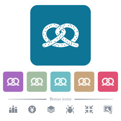 Salted pretzel flat icons on color rounded square backgrounds