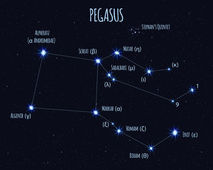 Pegasus constellation, vector illustration with the names of basic stars against the starry sky 