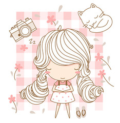 Portrait of cute little girl lying on a pink mat surrounded by small flowers and little cat. Isolated with white background. Vector illustration, character design