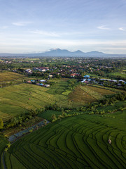 Fototapeta na wymiar An aerial view of rural Bali with its mountain in the background, Indonesia