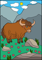 Cartoon animals. Cute beautiful yak smiles.