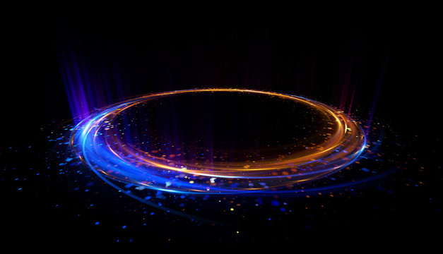 Abstract background. Motion swirl. Glowing circle. Bright spiral. Glow podium. Empty Scene. Space tunnel. Light ellipse. Glint galaxy. Oval stage. Led studio. Lens flare. Glare ring. Show disc.