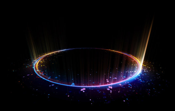 Abstract background. Motion swirl. Glowing circle. Bright spiral. Glow podium. Empty Scene. Space tunnel. Light ellipse. Glint galaxy. Oval stage. Led studio. Lens flare. Glare ring. Show disc.