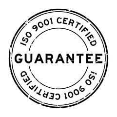 Grunge black iso 9001 certified guarantee word round rubber seal stamp on white background