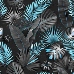 Fototapety  Seamless tropical pattern. Leaves palm tree illustration. Blue, gray, black lives