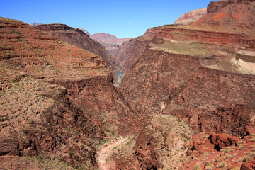 The Granite Gorge and Colorado River as seen from the Tonto Trail descending toward Hance Rapids in Grand Canyon National Park, Arizona.