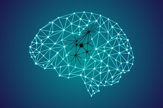 3d digital human brain, cancer concept, glowing particles plexus structure, abstract medical technology and science stock vector illustration blue background