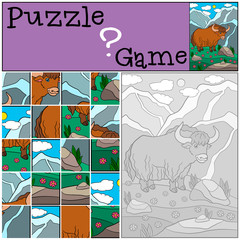 Education game: Puzzle. Cute beautiful yak smiles.