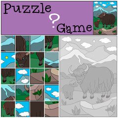 Fototapeta premium Education game: Puzzle. Beautiful yak with little cute baby.