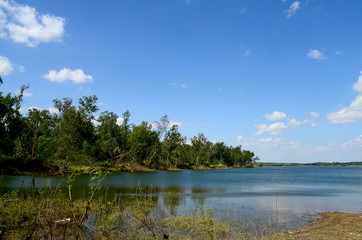 The Landscape of The Lake and the Grass field with Blue Sky