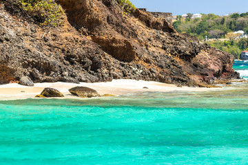 Saint Vincent and the Grenadines, view from fort Fort Duvernette, secluded white sand beach