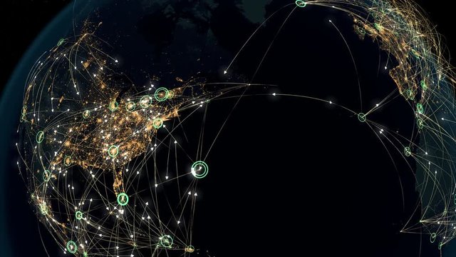 Many Arrows Fly Between Cities. Global Communications over North America. Destinations all over the World. Communications through the Network of Connections. Flight Paths. The High-Resolution Texture.