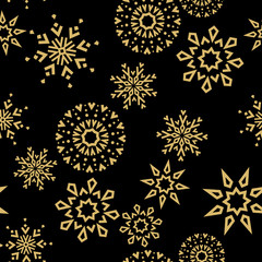 Abstract geometric pattern with lines, snowflakes. A seamless vector background. Gold and black texture. Graphic modern pattern