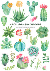 Watercolor set of cacti, succulents, pebbles. Illustration on white background. Great for cards, invitations, weddings, blogs and more.
