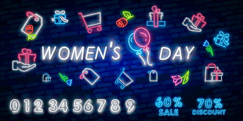 Glowing neon sale banner of world women's day on dark brick wall background. Spring greeting card to march 8 with rose flower and lettering. Vector illustration.