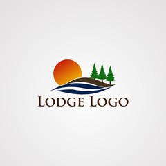 lake logo vector with smooth wave and tree pine, element, template, and icon, for company