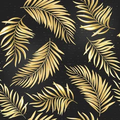 Lichtdoorlatende gordijnen Zwart goud Zomer tropische palmboom laat naadloos patroon. Vector grunge ontwerp voor kaarten, web, achtergronden en natuurlijk product.