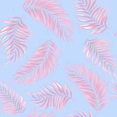 Fototapeta na wymiar Seamless pattern of a tropical palm tree, jungle leaves. Vector floral pattern. Delicate pink on blue