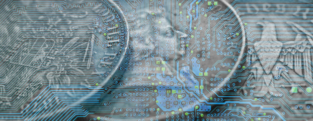 silhouette of a computer board against the background of coins, double exposure