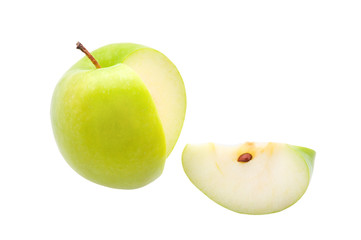 Green apple with a cut slice on a white background. Isolated.