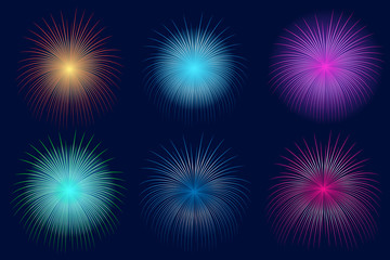 Light fireworks on dark background. Abstract colorful fireworks for design banners, invitations and greeting cards.