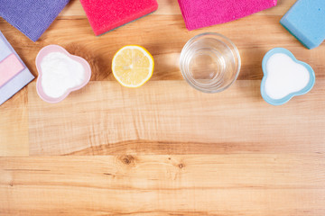 Accessories and natural detergents for cleaning surfaces and rooms at home, place for inscriptions