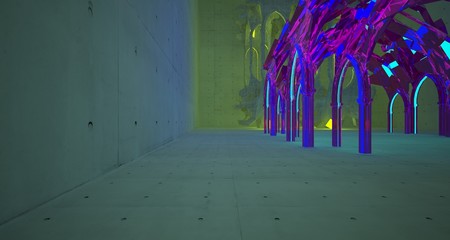 Abstract  Concrete Futuristic Sci-Fi Gothic interior With Yellow And Violet Glowing Neon Tubes . 3D illustration and rendering.