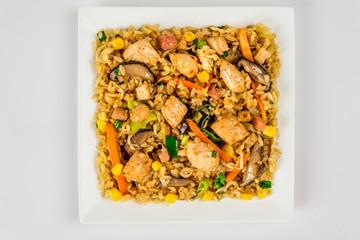 Shanghai rice with chicken on white background