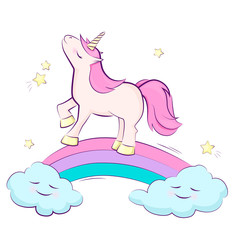 Cute magical unicorn on a rainbow, star, cloud. Vector design isolated. Illustration for children.