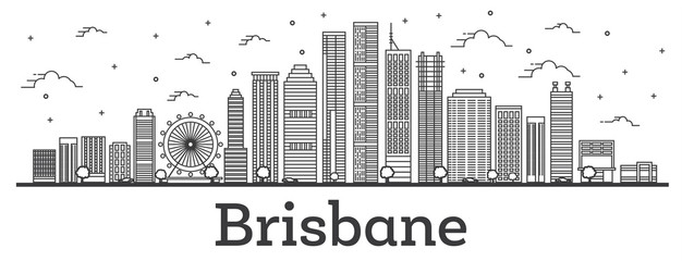 Naklejka premium Zarys panoramę miasta Brisbane Australia z nowoczesnych budynków na białym tle.