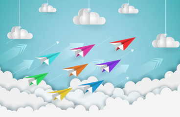 paper plane red and colorful competition charged up to the sky while flying above a cloud. business finance success. leadership. creative idea. startup. illustration cartoon vector
