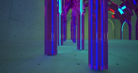 Abstract  Concrete Futuristic Sci-Fi Gothic interior With Yellow And Violet Glowing Neon Tubes . 3D illustration and rendering.