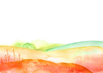 Watercolor red,  burgundy hill, hillock, grass. Summer landscape on white isolated background. Suburban landscape, seabed with algae. Autumn, country landscape