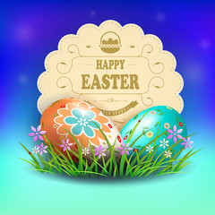 Illustration of blue tint with a round curly frame and Easter eggs,